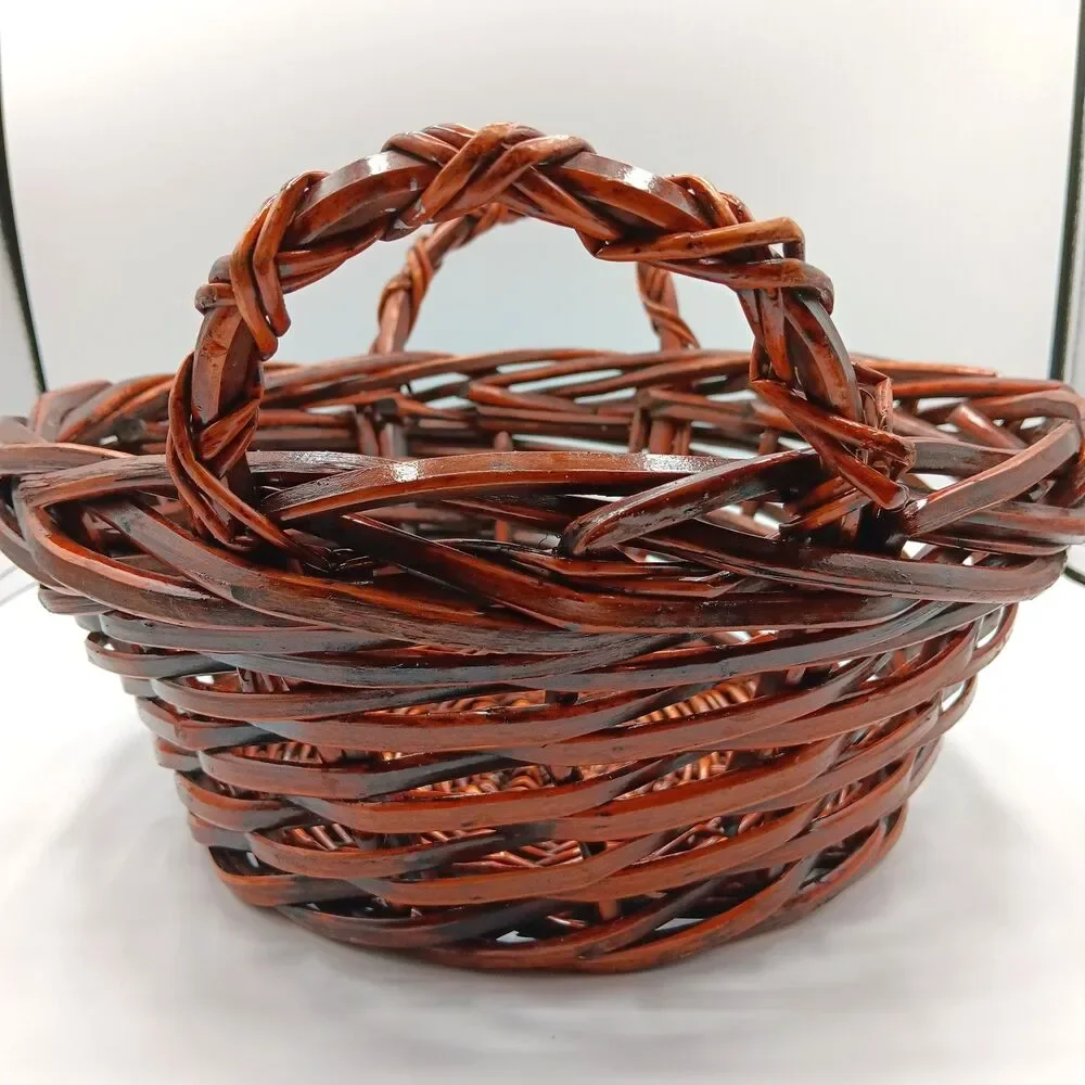 Wicker Gathering Basket Brown Thick Woven Side Handle Round Decor Bread Fruit 9